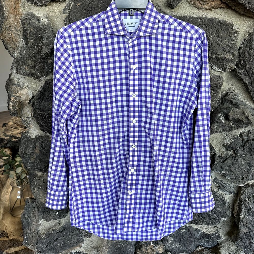 Ledbury Mens Purple Gingham Check Button Up Long Sleeve Medium 15 1/2